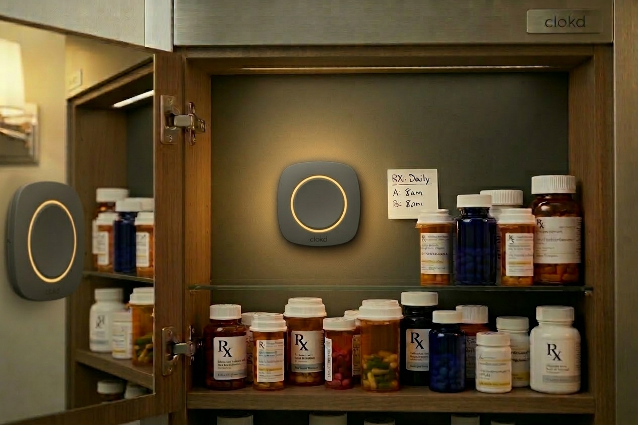 Clokd device mounted inside a medicine cabinet above pill bottles